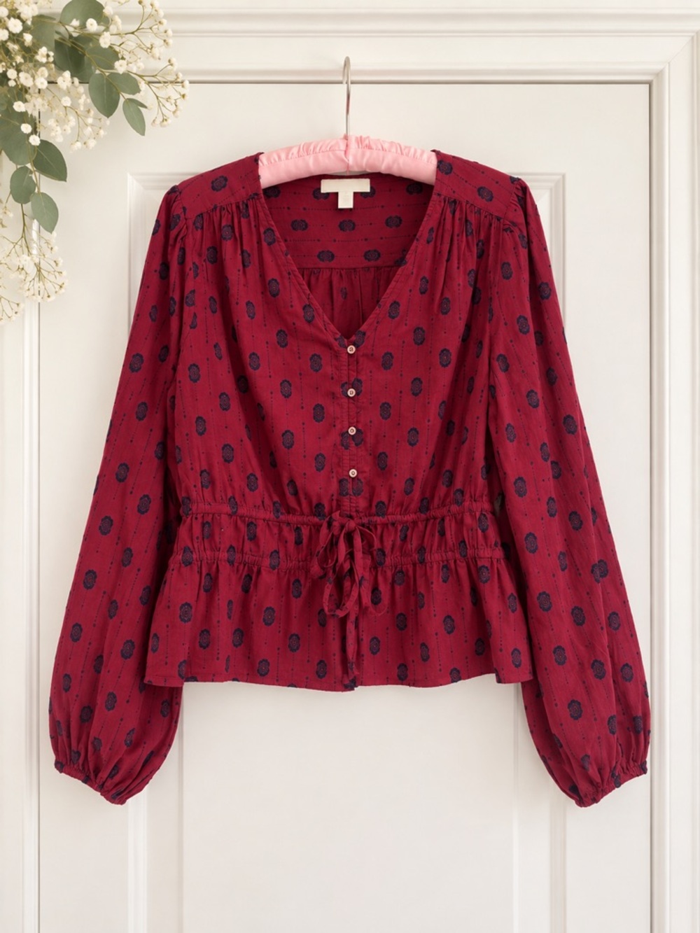 Treasure & Bond Printed Peplum Blouse Long Sleeve Cotton Blend XL